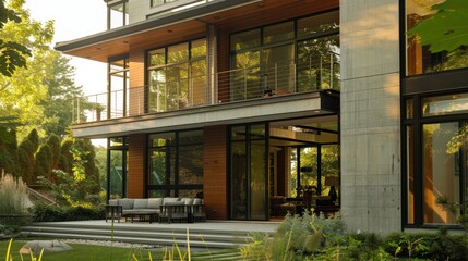 Obraz premium Modern Home Exterior with Large Windows and Patio Furniture