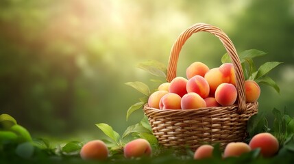 Fresh peaches in a woven basket on a sunny day