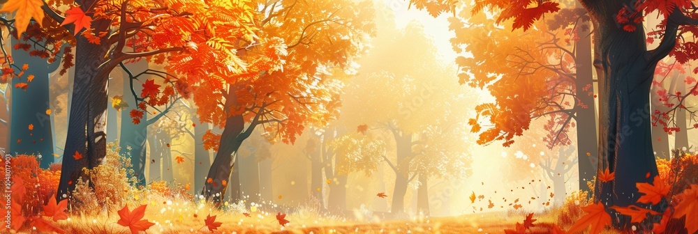 Aufkleber A tranquil forest is bathed in golden light as colorful fall leaves flutter gently from the trees, creating a magical atmosphere. Generative AI