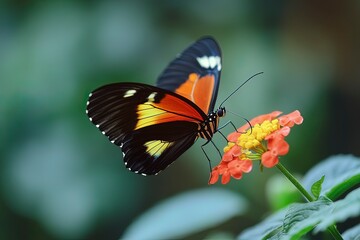 Fototapeta premium Ismenius Tiger butterfly (Heliconius ismenius) pollinating a flower with generative ai