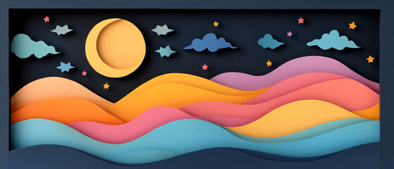 Obraz premium A vibrant paper cut-out landscape featuring flowing waves, clouds, and a sun, showcasing artistic layering and colorful design.