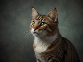 A cat sits against a plain background
