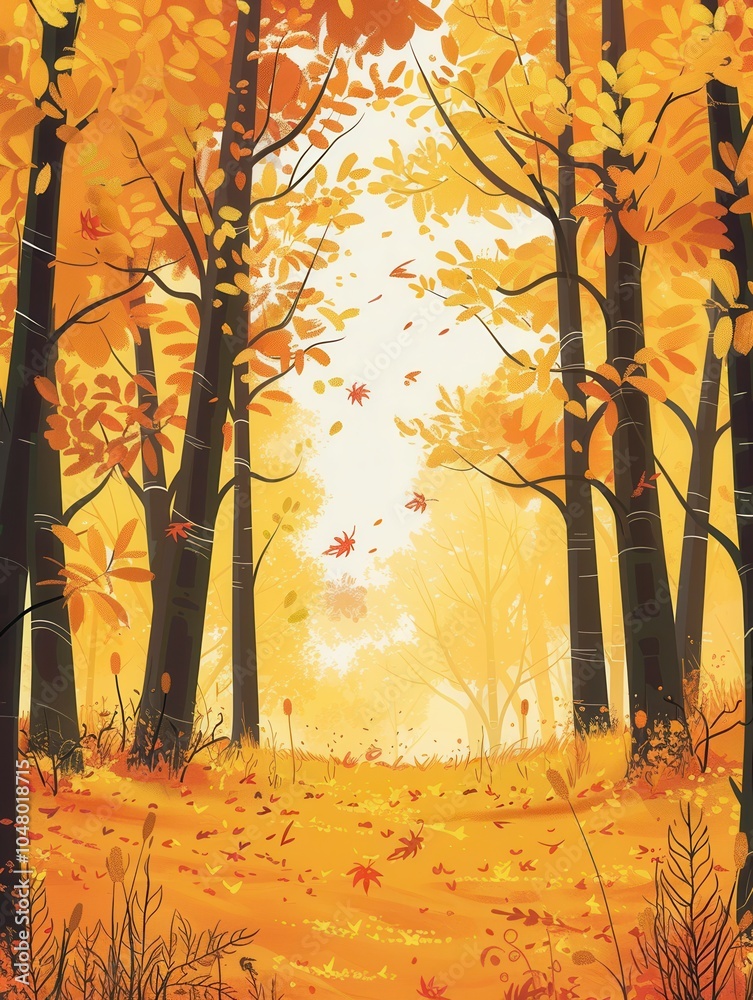 Leinwandbilder a serene forest path is illuminated by warm golden sunlight, surrounded by trees bursting with color