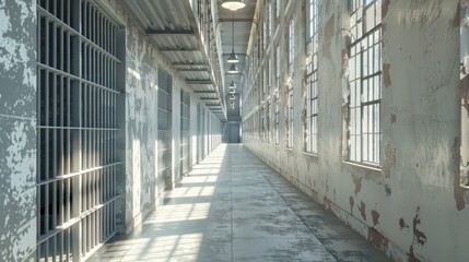 A long, narrow hallway with barred windows and peeling paint, lit by overhead lights.