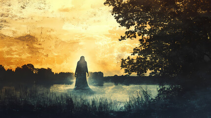 A ghostly apparition seen only at dawn, fading as the sunlight touches the earth. Ghostly Apparition. Illustration