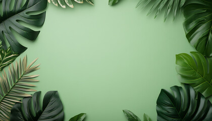 Naklejka premium Artistic arrangement of tropical leaves on a light green background creating a fresh and vibrant botanical frame.