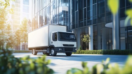 A delivery truck parked in front of a sleek, modern glass office building surrounded by greenery, symbolizing urban logistics and transport.