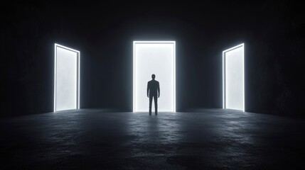 Obraz premium opportunity and choice concept, a person standing in the center between three glowing white doors, rough concrete surface against dark background