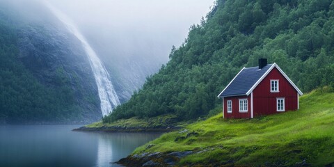 A red house sits in front of a waterfall. The house is surrounded by trees and the waterfall is in the background. The scene is peaceful and serene, with the water reflecting the trees and the house