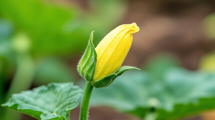 A yellow zucchini with its bud open, growing in the garden.