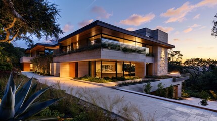 Obraz premium Modern Stone and Wood House with Evening Sky