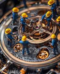 A group of workers are repairing old watches