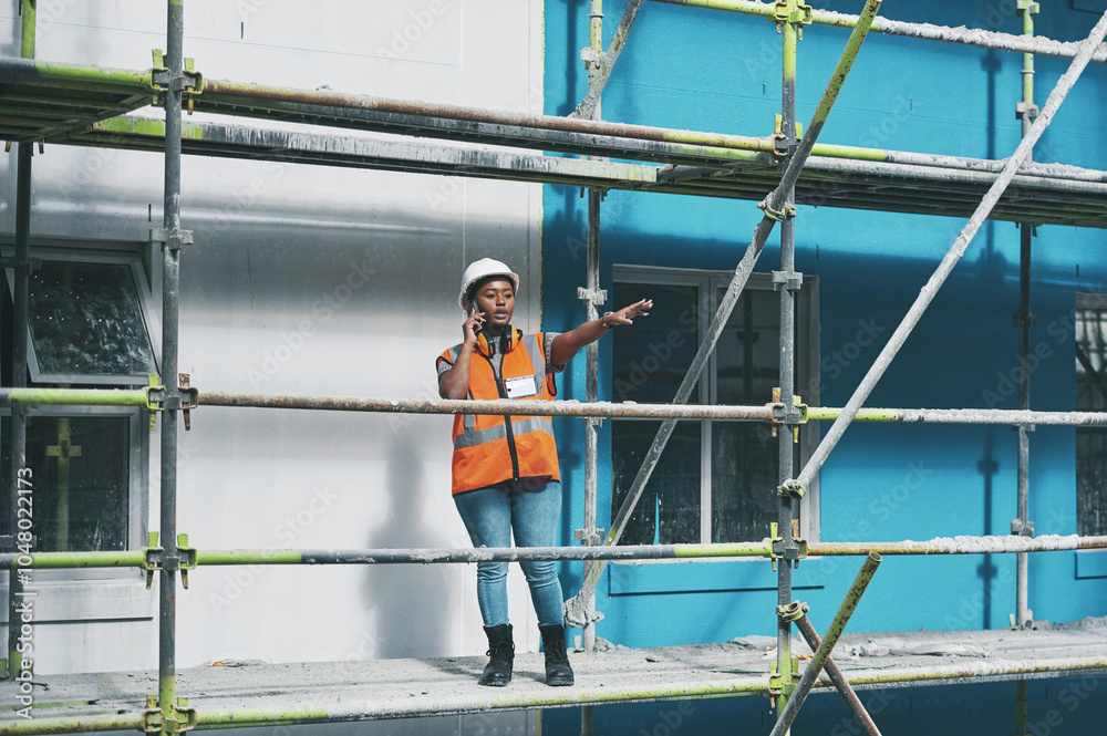 Poster building, construction and black woman on site with phone call, communication and architecture. prop