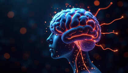 Artificial intelligence concept with 3D neural networks and data streams flowing through a digital brain