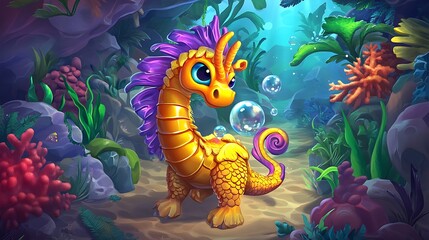 Cute Cartoon Seahorse with Bubbles in an Underwater Cave.