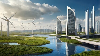 Fototapeta premium Renewable energy concept: a futuristic city powered entirely by wind, solar, and hydroelectric sources.