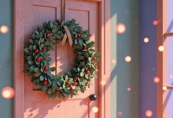 Christmas MISTLETOE hanging on the door in a warm and soft colors background