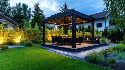 Modern outdoor area with a black metal gazebo and wooden deck, featuring LED lighting to highlight the design elements of an elegant modern home.