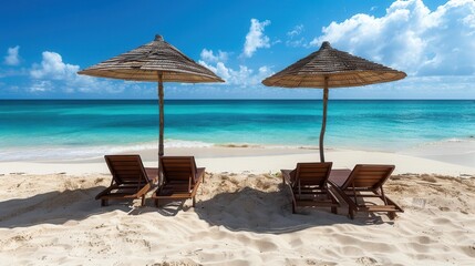 Two wooden lounge chairs sit under umbrellas, perfect for enjoying a sunny day on the pristine sandy beach by the clear blue ocean. Generative AI