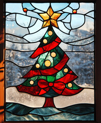 ステンドグラスの窓に描かれたクリスマスツリー　Generative AI