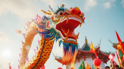Obraz premium Dragon Dance performers holding vibrant dragon above heads with cheering crowds