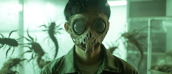 A person wearing a gas mask stands in a dimly lit environment, surrounded by eerie, insect-like creatures in the background.