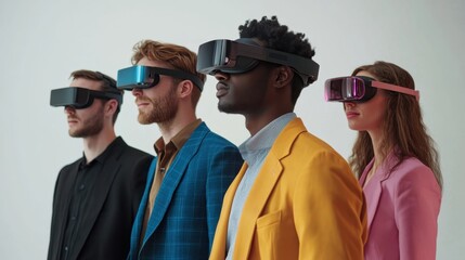 Side view of a diverse team in colorful attire using VR headsets, symbolizing innovation, technology, and teamwork in virtual environments.