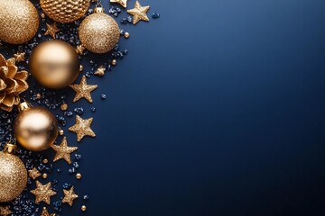Luxury gold Christmas decorations on dark blue background. Xmas greeting card template, Happy New Year banner mockup