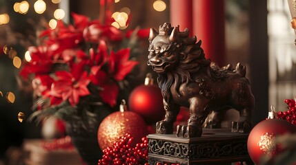 Zodiac animal statue prominently displayed in festive setting with red decorations