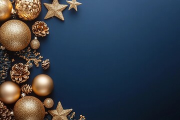 Luxury gold Christmas decorations on dark blue background. Xmas greeting card template, Happy New Year banner mockup