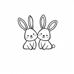 Fototapeta premium Two cute cartoon rabbits sitting closely together, showcasing friendship and affection in a simple black and white design