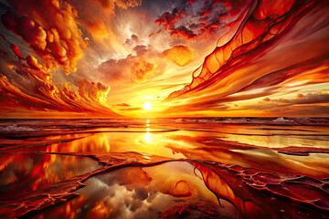 Abstract Alcohol Ink Illustration of Fiery Sunset Hues in Amber and Crimson Shades