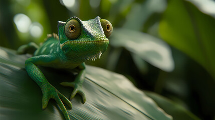 A tight shot of a green chameleon gazing at the camera perched on a leaf background softly blurred. Basilisk Gaze. Illustration