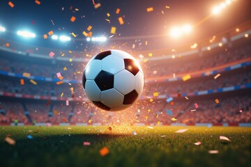 Soccer Ball In Stadium With Confetti And Lights