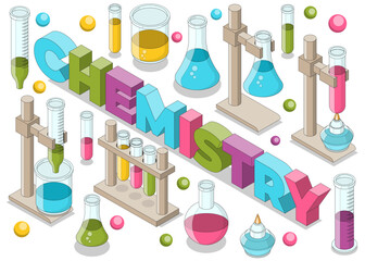 Lettering. Set of chemical equipment. Isometric. Isolated on white background. Vector illustration.