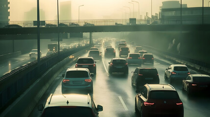 Traffic Jam on Highway with Cars in Late Afternoon Light