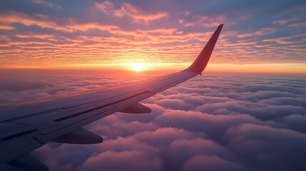 Obraz premium view from the airplane, fluffy clouds illuminated by golden sunlight, endless blue sky stretching to the horizon, soft glow reflecting off the wing