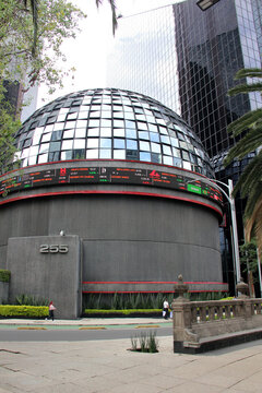 Mexico City, Mexico - Oct 2 2024: Iconic building in CDMX of the Bolsa Mexicana de Valores BMV, a private Mexican financial entity that carries out securities movements through financial intermediarie