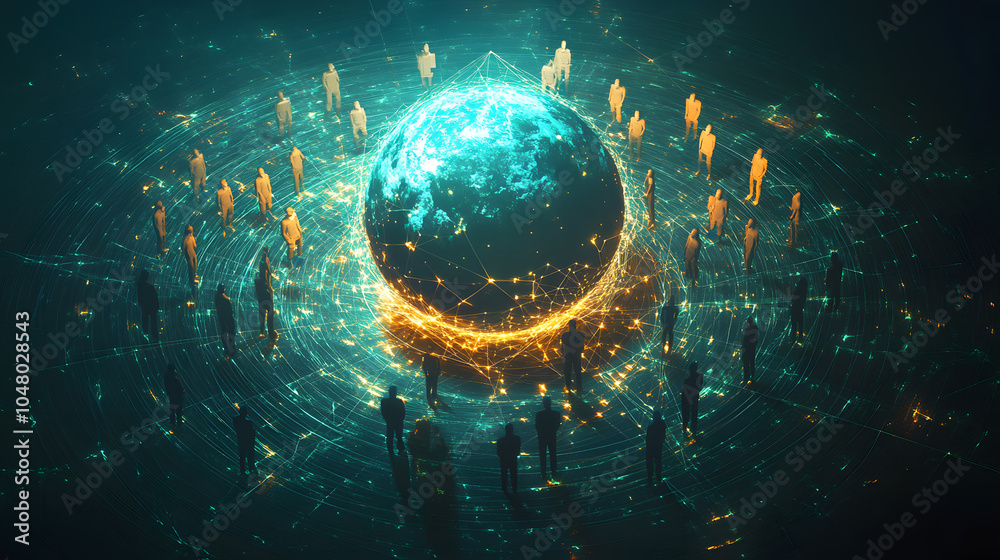 Poster digital illustration glowing earth human connected lines global communication network networking con