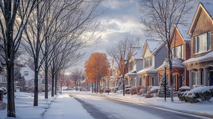 Suburban homes aligned, framed by leafless trees and snowy winter streetscapes.