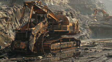 Fototapeta premium Large Excavator in a Quarry with a Reflecting Puddle