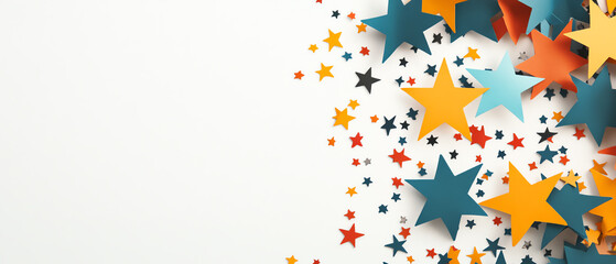 Fototapeta premium Colorful paper stars scattered on a white background, ideal for festive projects and creative designs.