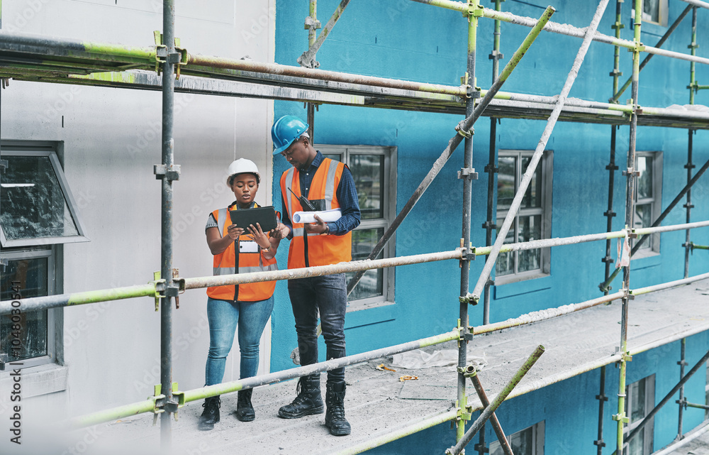 Aufkleber teamwork, planning and engineering with people and tablet for construction site, digital blueprint a