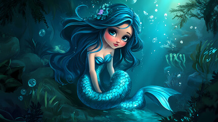 Cartoon image of the little mermaid in the deep sea. Mermaid in the Deep. Illustration © Thiago