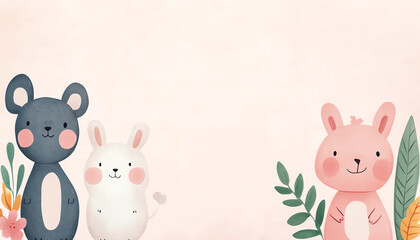 Naklejka premium Cute cartoon animals including a bear, bunny, and rabbit against a soft pastel background with leaves and flowers, perfect for children's designs.