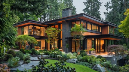 Fototapeta premium Modern House with Stone and Wood Facade and Lush Landscaping