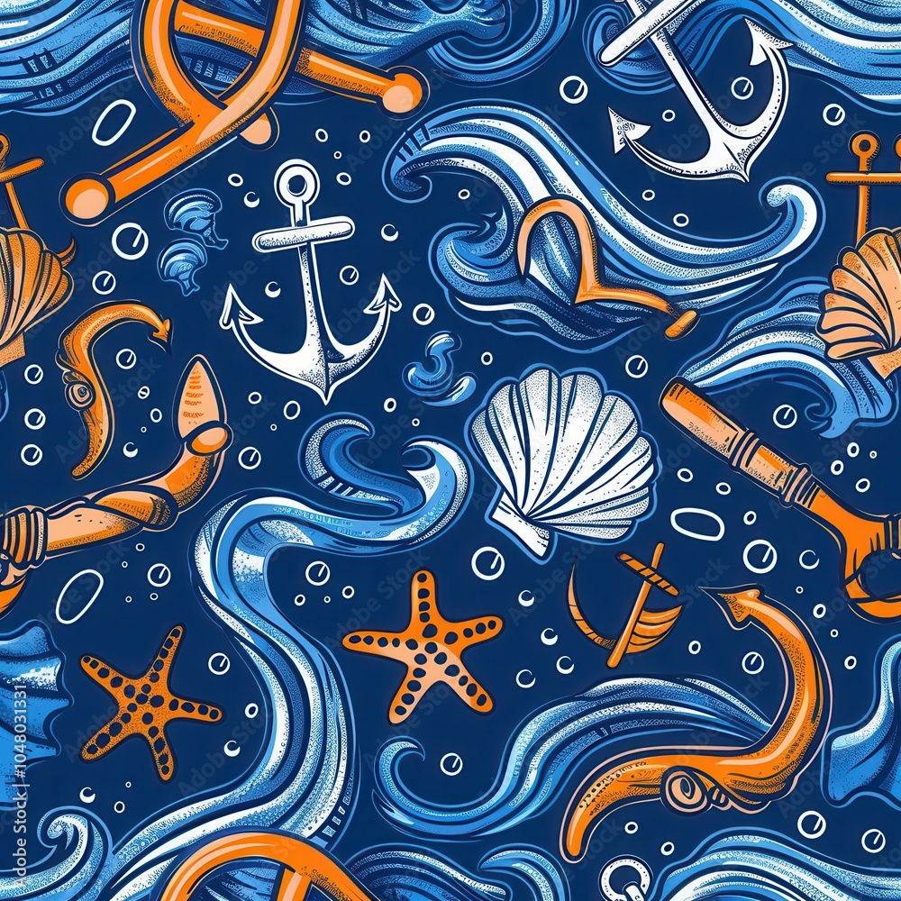 Poster this design showcases a vivid nautical pattern with anchors, seashells, and flowing waves, capturing