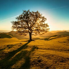 Single tree casting long shadows across a golden landscape at sunset, surrounded by rolling hills under a clear sky.