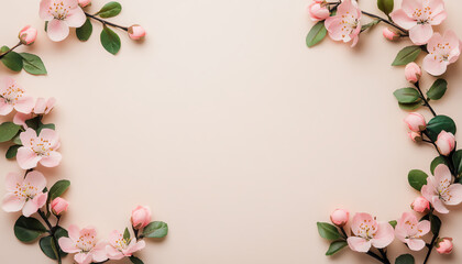 Delicate pink flowers with green leaves arranged beautifully on a soft neutral background, perfect for spring-themed designs and backgrounds.
