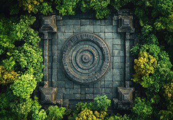 Aerial view of a circular stone structure surrounded by lush greenery.
